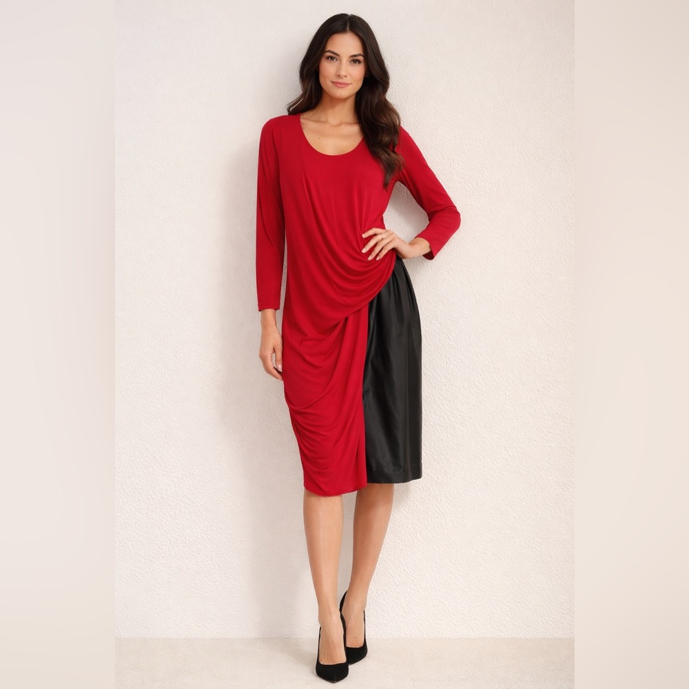 Ashley Stewart Red and Black Color-block Draped Dress